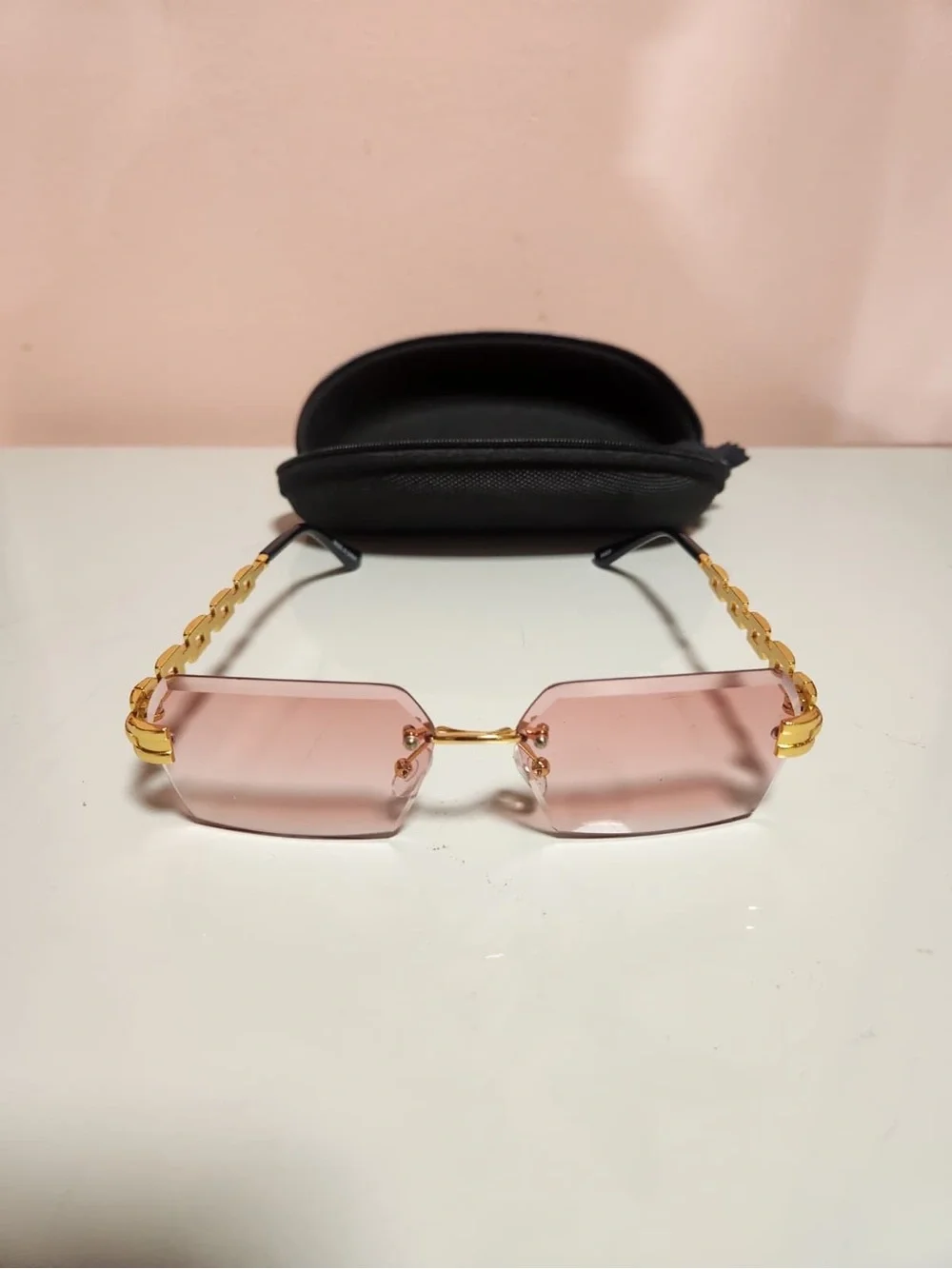 Unisex Rimless Rectangle Sunglasses Gold Metal Frame Pink Tinted Lenses